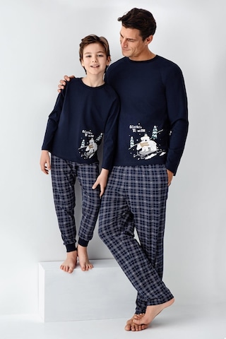Arnetta Erkek Çocuk Aile %100 Pamuk 4 Mevsim Uzun Kollu Ekoseli Pijama Takım Lacıvert