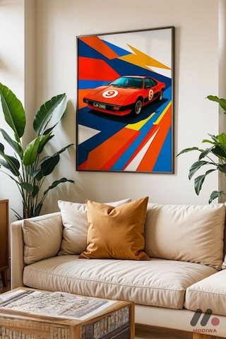 Kırmızı Yarış Arabası Pop Art, Siyah Çerçeveli Duvar Tablosu - Oto Severlere Özel Hediye