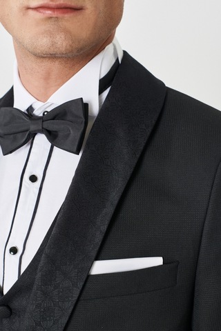 Ac&Co / Altınyıldız Classics Erkek Siyah Ekstra Slim Fit Dar Kesim Kırlangıç Yaka Desenli Yelekli Smokin Takım