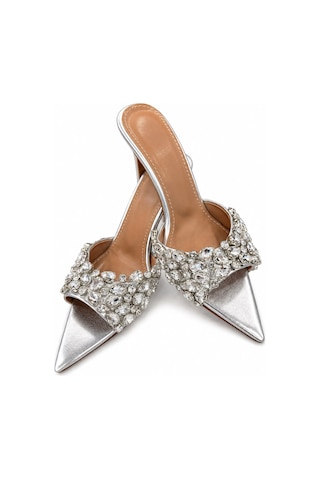 Papucumun Dünyası Kadın Gümüş Kristal Taşlı Sivri Burun Stiletto Mule Beyaz