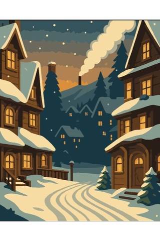 Denic Sayılarla Boyama Seti 40x50 Cm (Çıtalı) Fırça Boya Dahil Numaralı Tuval Kar Bina Manzara