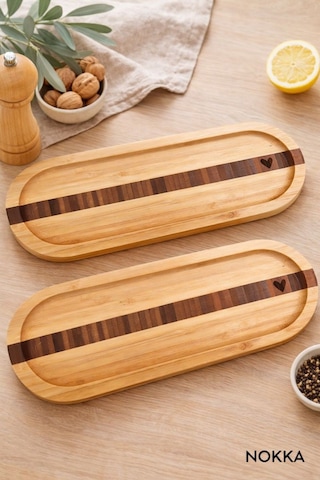 2 Adet Bambu Kalp Desenli Oval Sunum Tabağı 25,5 X 9,5 Cm Renksiz