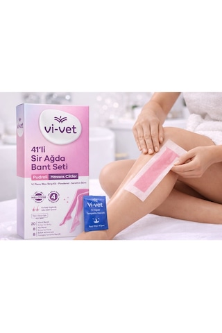 Vi-vet 41 Li Pudralı Sir Ağda Bant Seti Hassas Ciltlere Uygun, En Kısa Tüylerde Etkili Full Body Ağda Bandı + Temizleme Mendili