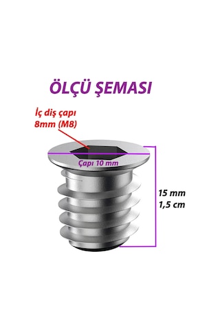 Metal Düz Dişli Dübel Ahşap Dübeli M8 10x15 Diş Çinko Mobilya Bağlantı Ünite Birleştirme 25 Adet