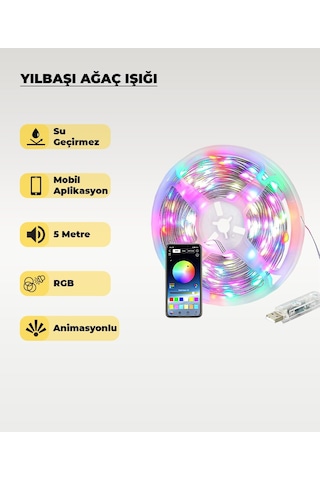 Yılbaşı Ağacı Şerit Led - 10 Metre- Telefondan Kontrol - Ses Duyarlı 5 METRE