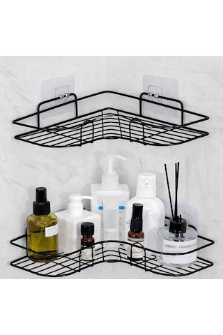 2'li Geniş Banyo Rafı L Tasarım Banyo Düzenleyici Yapışkanlı Çok Amaçlı Köşe Rafı Organizatör Siyah