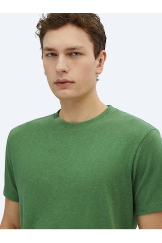 Kip Fıstık Yeşili Düz Bisiklet Yaka Pamuk Karışımlı T-shirt Fıstık Yeşili