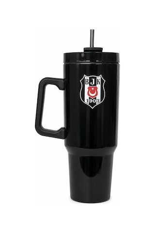Beşiktaş Lisanslı Pipetli Kulplu Termos Mug - Siyah Paslanmaz Çelik Matara 1,20 Litre Renkli