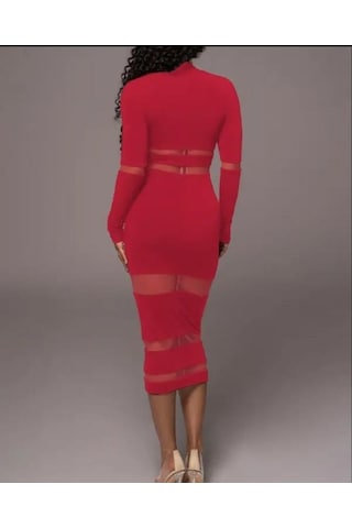 Tua Moda Kadın Şerit Transparan Detay Fırsat Ürün Midi Boy Elbise Kırmızı