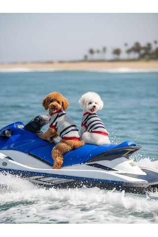 Yacht Club Marin Çizgili Köpek Tişörtü Lacivert Kırmızı Yazlık Köpek Kıyafeti Küçük Irklar