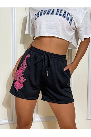 Ejder Kısa Şort Siyah Penye Baskılı Kordonlu Siyah