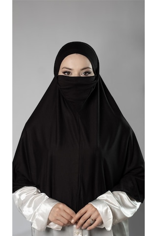 Siyah Pratik Hazır Geçmeli Tesettür Eşarp Viskon Arkası Lastikli Peçeli 2112 01