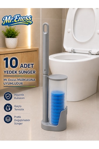 Kullan At Başlıklı Klozet Temizleme Seti - 10 Adet Mavi Ferahlık Süngeri & Transparan Stand Mavi Fırça