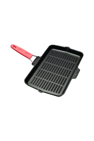 Lava Döküm Dikdörtgen Sığ Izgara Tavası Silikon Tel Saplı Ölçü 21x36cm. - Kırmızı