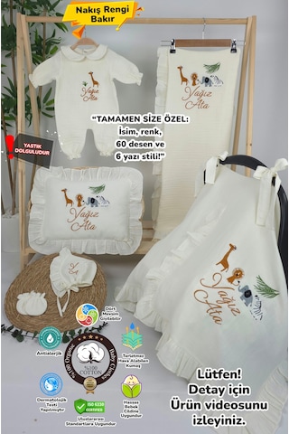 Gros Shop Müslin Yeni Doğan 4katlı Organik %100pamuk Kişiye Özgü Nakışlı Hastane Çıkış Seti Safari Model-3 Ekru