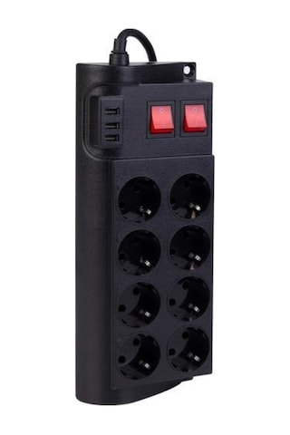 Şahnet FTR-08 8'li Siyah 2 Anahtarlı Akım Korumalı 3USB li Grup P