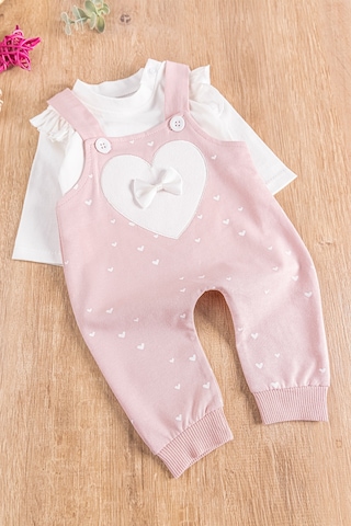 Kalp Desenli Fiyonklu Kız Bebek Tulum Salopet Takım Somon