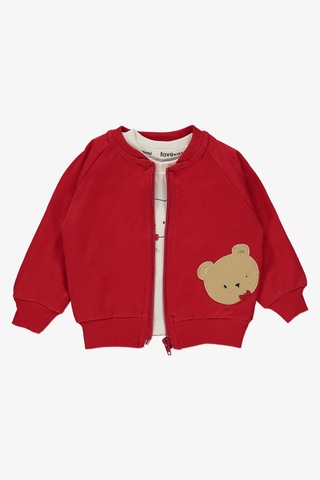 Ayıcık Nakışlı 3 Parça İkiiplik Kumaş Erkek Bebek Hırkalı Takım Mnk14142 Kırmızı