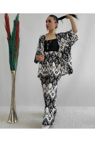 İpli Siyah Renk Desenli Ikili Kimono Takım Rahat Kalıp Siyah