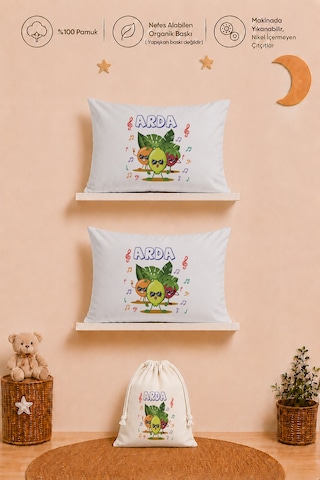 İsimli Erkek Bebek Hediye Seti 2 Adet 35x45 %100 Pamuk Yastık Kılıfı Ve Ham Bez Kıyafet Kesesi 2010y2k3x