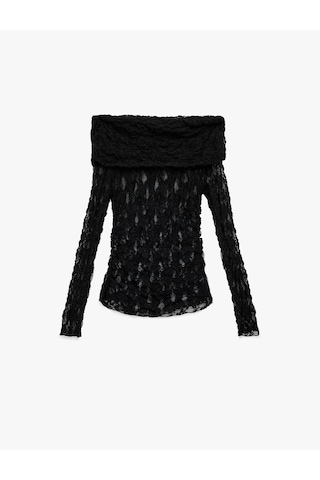 Koton Slim Fit Yarı Transparan Uzun Kollu Omzu Açık Dantel Bluz Siyah 6sak80151ek Siyah