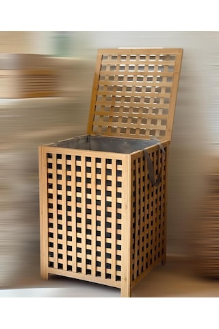 Bambu Kapaklı Kirli Çamaşır Sepeti Banyo Düzenleyici Modern Şık Tasarım Organizer Bambu