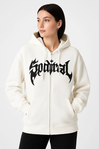 Barlashive Kadın Kapüşonlu 3 İplik Pamuklu Önü Baskılı Fermuarlı Oversize Hoodie Sweatshirt - Beyaz Çok Renkli