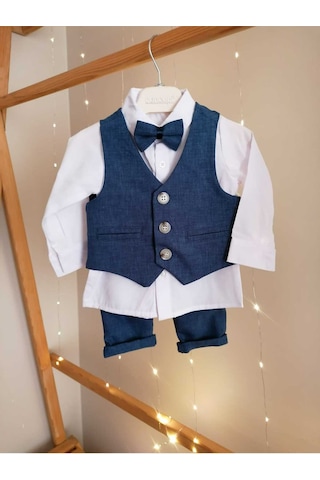 Concept Kids Papyonlu Yelekli Bej 4'lü Klasik Erkek Bebek Takım Özel Gün Kıyafeti Düğün Bebek Hediyesi Lacivert