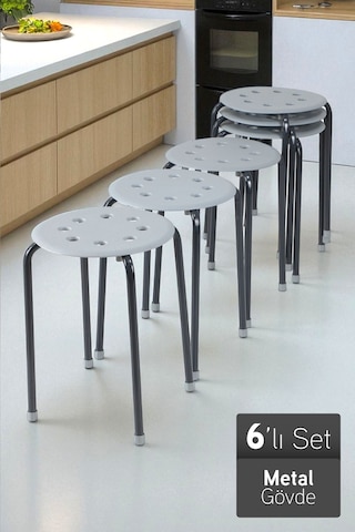 İronika Otto Metal Gövdeli Modern Tabure Mutfak Bahçe Taburesi - 6 Adet Gri Gri