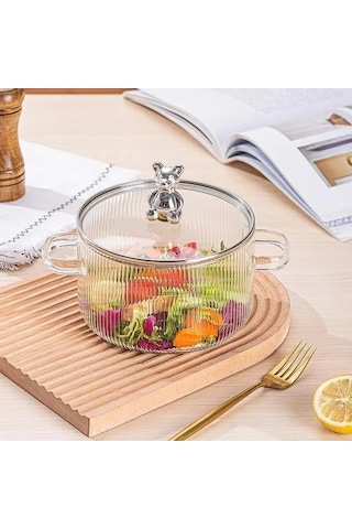 Morponi Borosilikat Cam Metal Çerçeveli Cam Kapaklı Ayıcık Figürlü 2000 Ml Cam Tencere Şeffaf