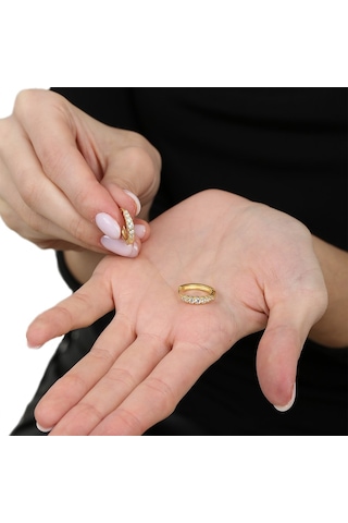 Tesbihane Sıralı Zirkon Taşlı Gold Renk Tam Tur 925 Ayar Gümüş Kadın Küpe