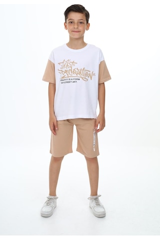 Erkek Çocuk Kısa Kollu Yazı Baskılı Şortlu Takım-5895-Bej