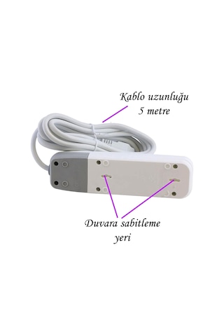 Anahtarlı Kablolu 3 Lü Topraklı Çoklu Grup Priz Çoğaltma Üçlü Fiş Piriz 5 Metre