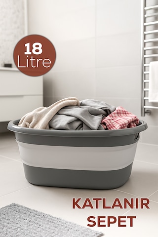 Porsima L-00959-2 Akordiyon Katlanır Sepet Katlanabilir Çamaşır Sepeti Orta Boy Katlanır Çamaşır Sepeti 18 Lt Gri