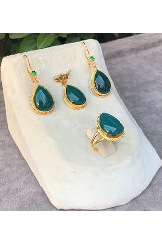 14 Ayar Altın Damla Model Yeşil Akik Set