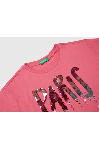 United Colors Of Benetton Benetton Kız Çocuk Önü Payet İşlemeli Baskılı T-shirt Pembe