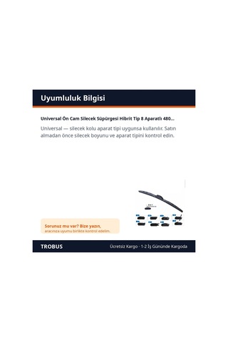 Trobus Universal Ön Cam Silecek Süpürgesi Hibrit Tip 8 Aparatlı 480 Mm