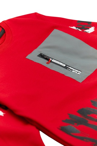 Erkek Çocuk Önü Arkası Stronger Yazı Desenli Fermuar Cepli Kırmızı Sweatshirt Kırmızı