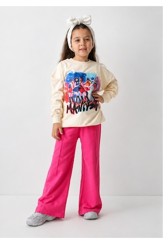 Mila Mood Kız Çocuk Fuşya Bol Paça Eşofman Takımı Manifest Baskılı Ekru Sweatshirt 2'li Takım Ekru- Pembe