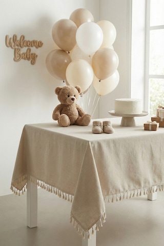 Keten Püsküllü Organizasyon Keten Masa Örtüsü Baby Shower, Doğum Günü, Nişan İçin Bohem Vintage Örtü Bej