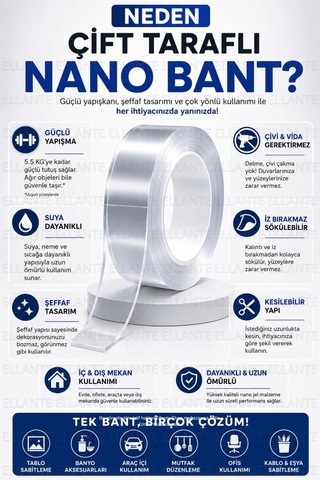 Çift Taraflı Şeffaf Nano Bant 18 Mm X 1 Metre Güçlü Yapışkan İz Bırakmayan Suya Dayanıklı Montaj Ban