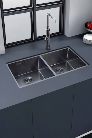 Ebrar Serisi %100 Krom 82x45 İki Göz Paslanmaz Mutfak Eviyesi, Mutfak Lavabosu Sifon Dahil Siyah