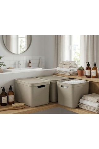 Jive Deco Kapaklı Depolama Kutusu 16 L 3'lü Set Cappucino