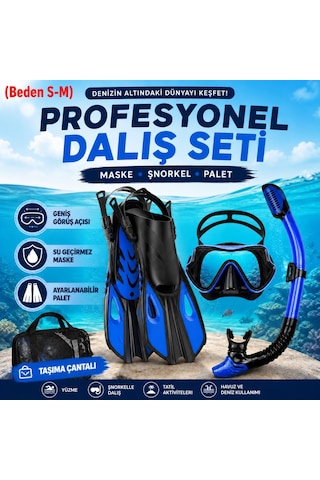 Hymark Full Dalış Seti S-m Beden Maske Şnorkel Palet Ayarlanabilir Profesyonel Deniz Seti Taşıma Çantalı Mavi - Siyah