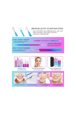 Hangfox 10'lu Paslanmaz Çelik Akne Ve Siyah Nokta Kaldırma Aracı Seti, Mavi-mor Renkli, Siyah Depolama Çantasıyla