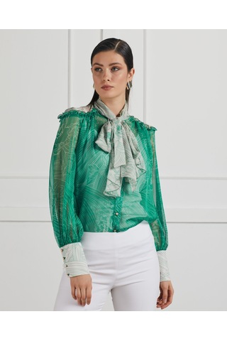 Fular Yaka Detaylı Transparan Desenli Gömlek Feminen Ve Şık Tasarım Yeşil