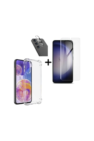 Samsung Galaxy S24 Plus Uyumlu Kılıf Şeffaf Temperli Kırılmaz Cam Ekran Ve Kamera Lens Koruyucu Seti