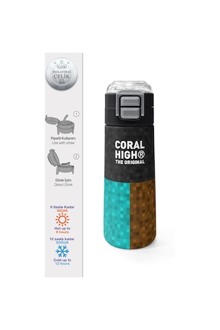 Coral High Kids High Craft Desenli Pipetli Ve Direkt İçim Çelik Termos 500 Ml 38116 Yeşil