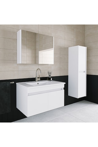 Banos Tm3 Lavabolu Beyaz 85 Cm Aynalı Banyo Dolabı Takımı Beyaz