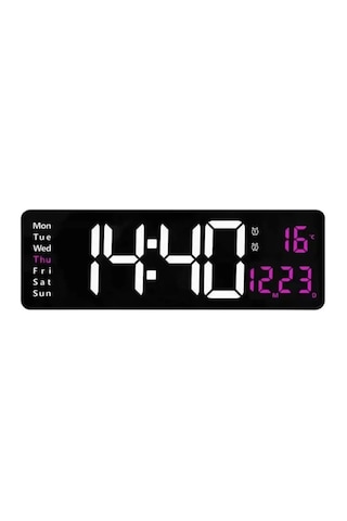 Büyük Led Ekranlı Dijital Duvar Saati, Uzaktan Kumandalı, Alarm, Sıcaklık Ve Gün Göstergeli, 39x13 Cm Diğer